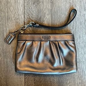 COACH Corner Zip Silver Metallic Signature Embossed Pleated Leather Wristlet Bag